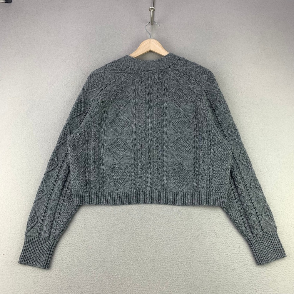 Madewell Cableknit Cardigan Sweater Women M Gray Cropped V-Neck Wool Metallic - Picture 2 of 11